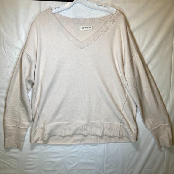 Lucky Brand V-Neck Fleece Sweater Sweatshirt Pullover Cream Women's Size Medium - Picture 3 of 9